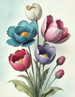 The primary subject of the image is a bouquet of flowers, which are displayed in a vase. The flowers are of various colors, including pink, blue, and purple. The setting is a blue background, which adds a sense of depth and contrast to the image. The visual style is a combination of digital art and illustration, creating a realistic and vibrant representation of the flowers. The colors and mood of the image are lively and cheerful, with the different colors of the flowers creating a sense of harm